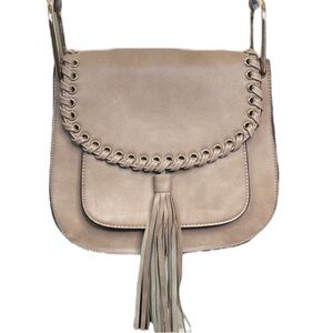 Braided Tassel Taupe Crossbody Saddle Bag